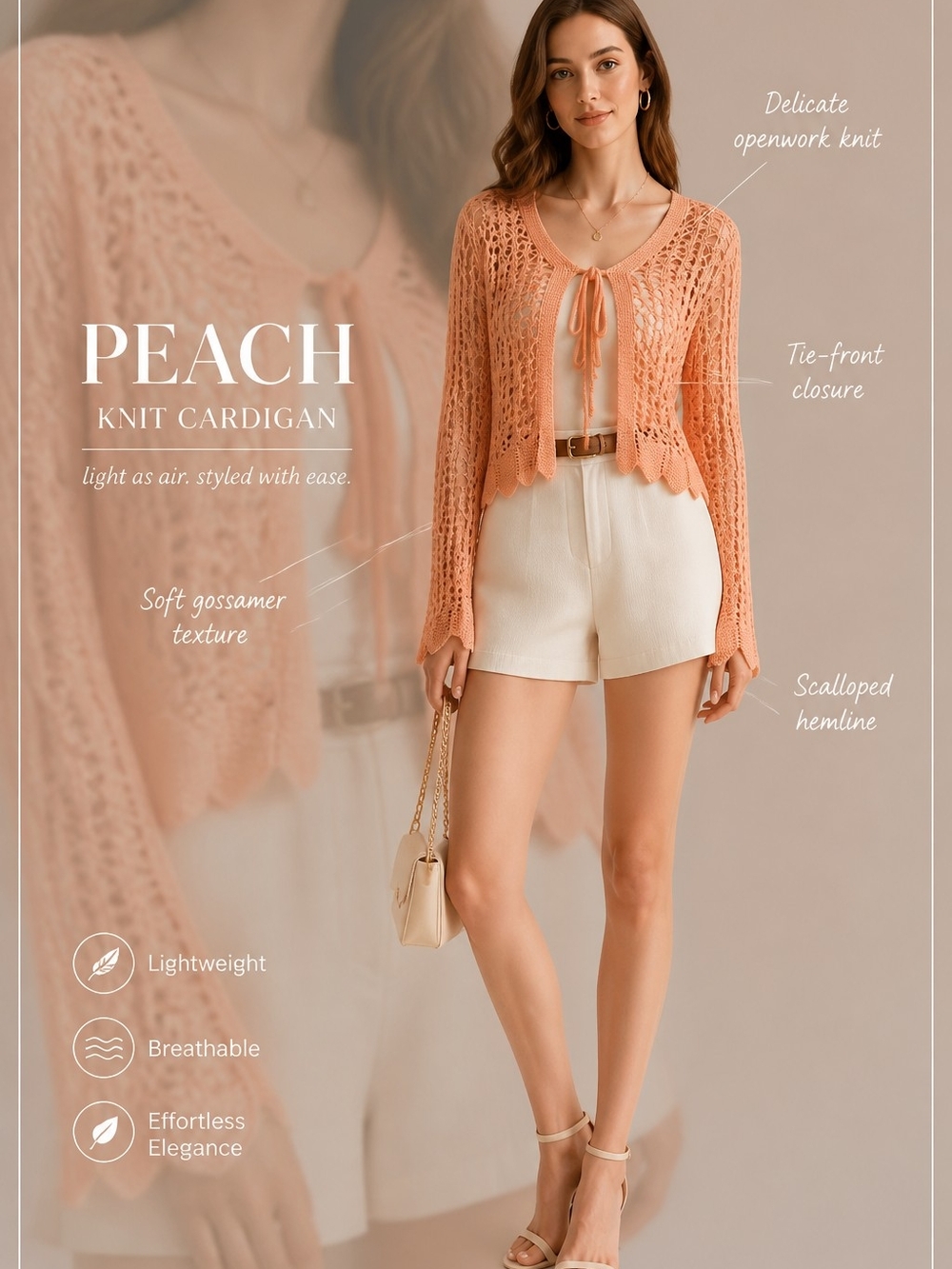 Open-Knit Tie-Front Cardigan Sweater - Coral